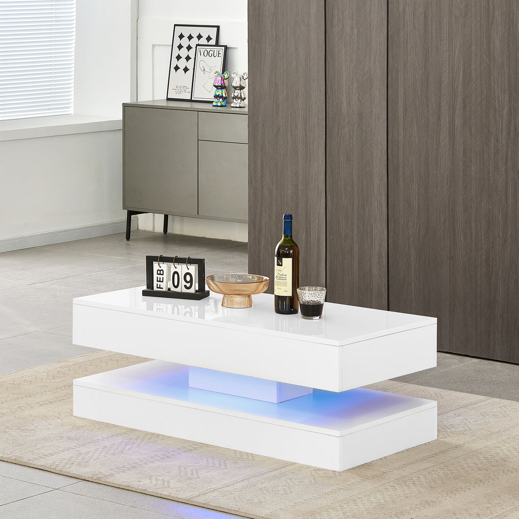 Ainpecca Coffee Table White High Gloss Rectangle With two drawers and Variable Color Light Strip CT138